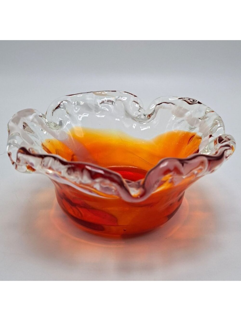 Art Glass Crimped Ruffled Edge Red Orange Clear Bowl Ashtray